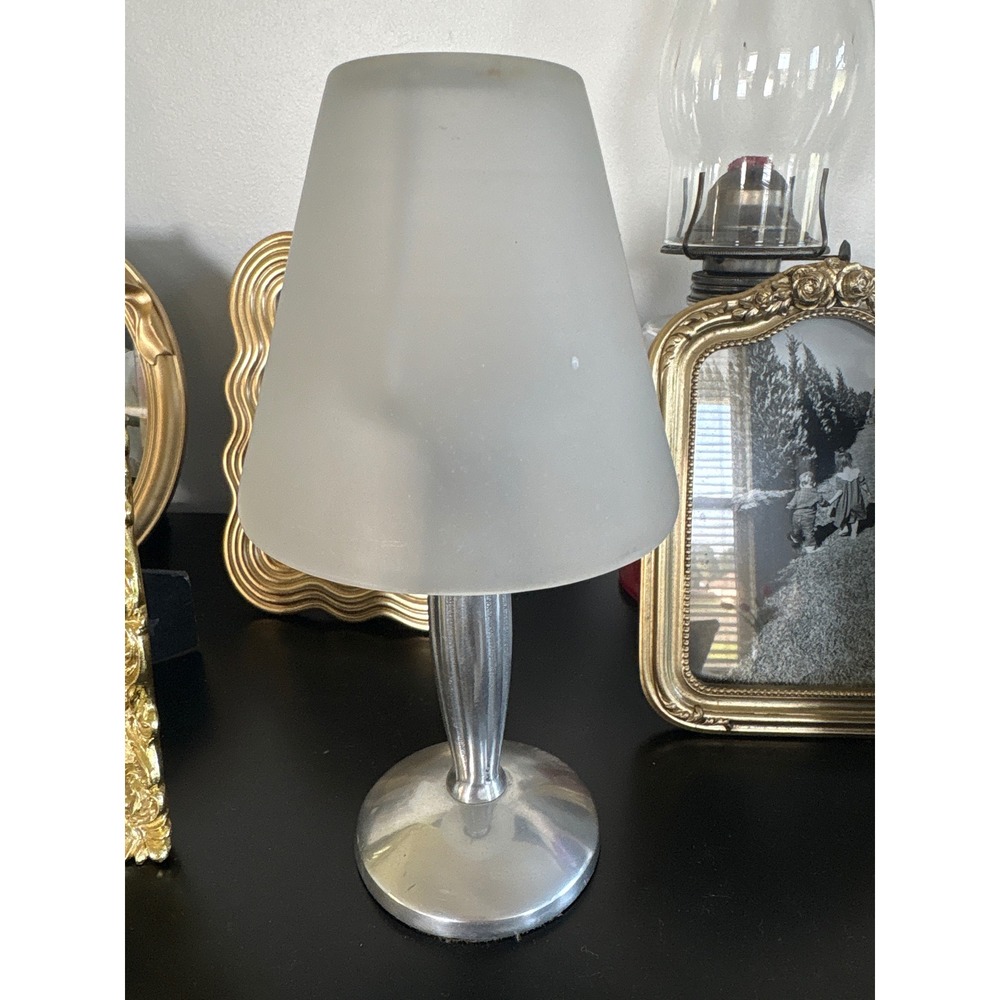 Vintage Frosted Glass Shade Silver Metal Tea Light Candle Lamp Style